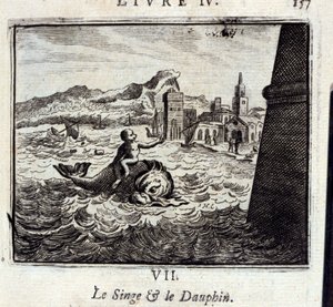 The Monkey and the Dauphin.Fables de Jean de La Fontaine (1621-95). Ilustração de François Chauveau (1613-1676). Edição de 1728. de Francois Chauveau