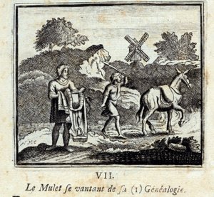 O Mullet a gabar-se da sua genealogia. Fábulas de Jean de La Fontaine (1621-95). Ilustração de François Chauveau (1613-1676). Edição de 1728. de Francois Chauveau