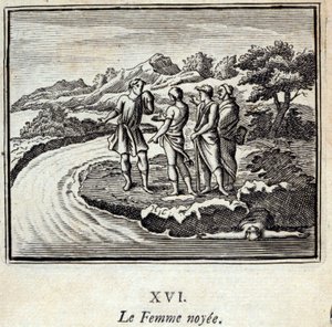 A Mulher Noyee. Fábulas de Jean de La Fontaine (1621-95). Ilustração de François Chauveau (1613-1676). Edição de 1728. de Francois Chauveau