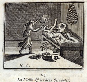 A Velha Senhora e os Dois Servidores. Fábulas de Jean de La Fontaine (1621-95). Ilustração de François Chauveau (1613-1676). Edição de 1728. de Francois Chauveau