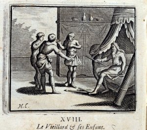 O Velho e os seus filhos. Fábulas de Jean de La Fontaine (1621-95). Ilustração de François Chauveau (1613-1676). Edição de 1728. de Francois Chauveau