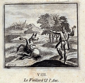 O Velho e o Burro. Fábulas de Jean de La Fontaine (1621-95). Ilustração de François Chauveau (1613-1676). Edição de 1728. de Francois Chauveau