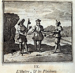 A Ostra e os Litigantes. Fábulas de Jean de La Fontaine (1621-95). Ilustração de François Chauveau (1613-1676). Edição de 1728. de Francois Chauveau