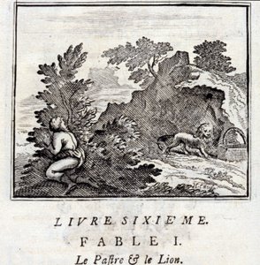 A Patra e o Leão. Fábulas de Jean de La Fontaine (1621-95). Ilustração de François Chauveau (1613-1676). Edição de 1728. de Francois Chauveau