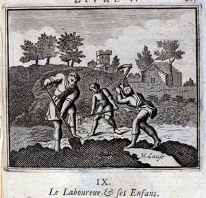 O Ploureur e os seus Enfants. Fábulas de Jean de La Fontaine (1621-95). Ilustração de François Chauveau (1613-1676). Edição de 1728. de Francois Chauveau