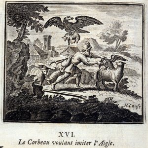O Corvo a querer imitar a Águia. Fábulas de Jean de La Fontaine (1621-95). Ilustração de François Chauveau (1613-1676). Edição de 1728. de Francois Chauveau