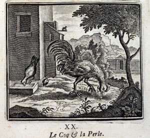 O Galo e a Pérola. Fábulas de Jean de La Fontaine (1621-95). Ilustração de François Chauveau (1613-1676). Edição de 1728.