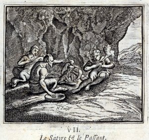 O Satyre e o Passageiro. Fábulas de Jean de La Fontaine (1621-95). Ilustração de François Chauveau (1613-1676). Edição de 1728. de Francois Chauveau