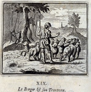 O Pastor e o seu rebanho. Fábulas de Jean de La Fontaine (1621-95). Ilustração de François Chauveau (1613-1676). Edição de 1728. de Francois Chauveau