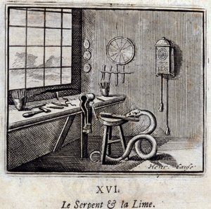 The Snake and the Lime.Fables de Jean de La Fontaine (1621-95). Ilustração de François Chauveau (1613-1676). Edição de 1728. de Francois Chauveau