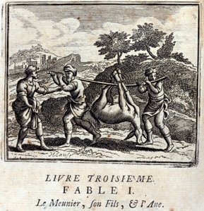 O Otário seu filho e o Burro. Fábulas de Jean de La Fontaine (1621-95). Ilustração de François Chauveau (1613-1676). Edição de 1728. de Francois Chauveau