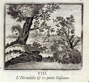 A Andorinha e os passarinhos. Fábulas de Jean de La Fontaine (1621-95). Ilustração de François Chauveau (1613-1676). Edição de 1728. de Francois Chauveau