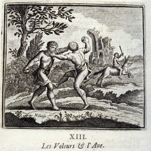 The Thieves and the Ane.Fables de Jean de La Fontaine (1621-95). Ilustração de François Chauveau (1613-1676). Edição de 1728. de Francois Chauveau