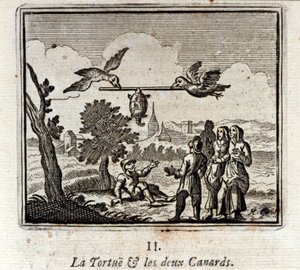 A Tartaruga e os dois Patos. Fábulas de Jean de La Fontaine (1621-95). Ilustração de François Chauveau (1613-1676). Edição de 1728. de Francois Chauveau