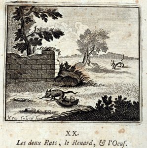 Os Dois Ratos, a Raposa, e o Ovo. Fábulas de Jean de La Fontaine (1621-95). Ilustração de François Chauveau (1613-1676). Edição de 1728.