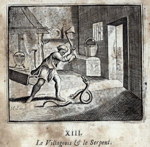 The Villager and the Snake. Fábulas de Jean de La Fontaine (1621-95). Ilustração de François Chauveau (1613-1676). Edição de 1728. de Francois Chauveau