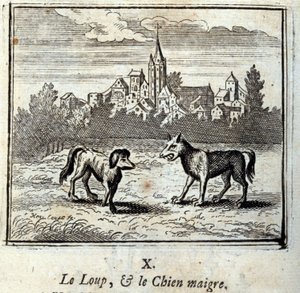 O lobo e o cão magro. Fábulas de Jean de La Fontaine (1621-95). Ilustração de François Chauveau (1613-1676). Edição de 1728.