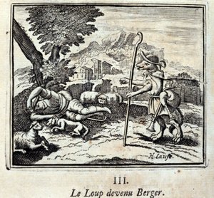The Wolf tornou-se Berger.Fables por Jean de La Fontaine (1621-95). Ilustração de François Chauveau (1613-1676). Edição de 1728. de Francois Chauveau