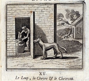 O Lobo, o Bode e o Bode. Fábulas de Jean de La Fontaine (1621-95). Ilustração de François Chauveau (1613-1676). Edição de 1728.