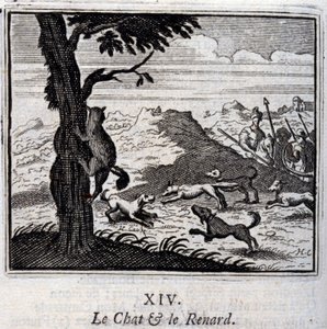 O gato e a raposa. Fábulas de Jean de La Fontaine (1621-95). Ilustração de François Chauveau (1613-1676). Edição de 1728. de Francois Chauveau