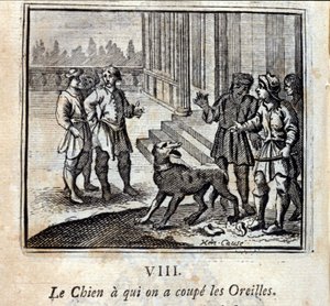 O cão que lhe cortamos as orelhas. Fábulas de Jean de La Fontaine (1621-95). Ilustração de François Chauveau (1613-1676). Edição de 1728. de Francois Chauveau