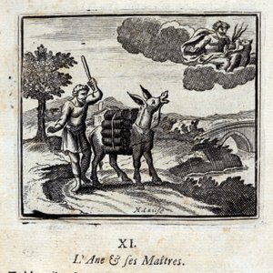 O burro e os seus senhores. Fábulas de Jean de La Fontaine (1621-95). Ilustração de François Chauveau (1613-1676). Edição de 1728. de Francois Chauveau
