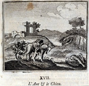 O burro e o cão. Fábulas de Jean de La Fontaine (1621-95). Ilustração de François Chauveau (1613-1676). Edição de 1728.