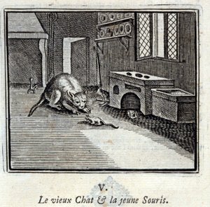 O velho Gato e o jovem Rato. Fábulas de Jean de La Fontaine (1621-95). Ilustração de François Chauveau (1613-1676). Edição de 1728.