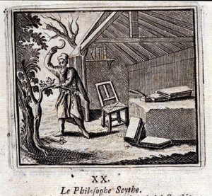 O filósofo Scythe. Fábulas de Jean de La Fontaine (1621-95). Ilustração de François Chauveau (1613-1676). Edição de 1728. de Francois Chauveau