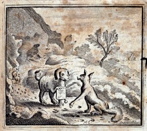 O leão doente e a raposa. Fábulas de Jean de La Fontaine (1621-95). Ilustração de François Chauveau (1613-1676). Edição de 1728. de Francois Chauveau