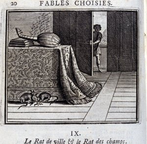 O rato da cidade e o rato do campo. Fábulas de Jean de La Fontaine (1621-95). Ilustração de François Chauveau (1613-1676). Edição de 1728. de Francois Chauveau