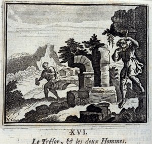 O tesoureiro e os dois homens. Fábulas de Jean de La Fontaine (1621-95). Ilustração de François Chauveau (1613-1676). Edição de 1728. de Francois Chauveau