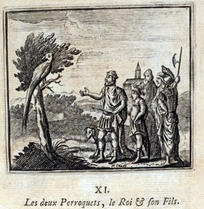 Os dois Papagaios, o Rei e o seu Filho. Fábulas de Jean de La Fontaine (1621-95). Ilustração de François Chauveau (1613-1676). Edição de 1728. de Francois Chauveau