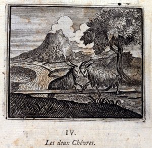 As duas cabras. Fábulas de Jean de La Fontaine (1621-95). Ilustração de François Chauveau (1613-1676). Edição de 1728.