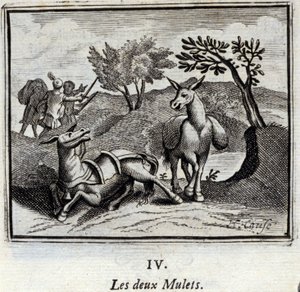 As duas mulas. Fábulas de Jean de La Fontaine (1621-95). Ilustração de François Chauveau (1613-1676). Edição de 1728. de Francois Chauveau