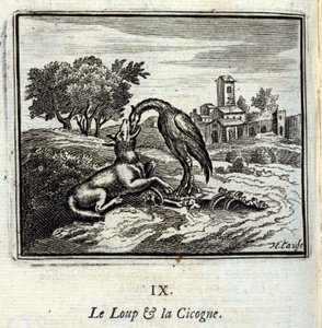 O lobo e a cegonha. Fábulas de Jean de La Fontaine (1621-95). Ilustração de François Chauveau (1613-1676). Edição de 1728. de Francois Chauveau