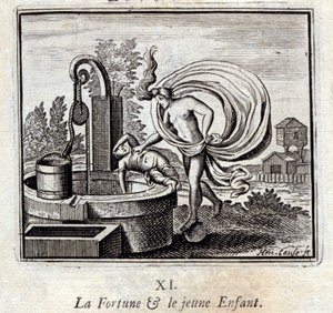 a Fortuna e a Criança Pequena. Fábulas de Jean de La Fontaine (1621-95). Ilustração de François Chauveau (1613-1676). Edição de 1728. de Francois Chauveau
