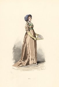Mulher com vestido cor de avelã, fichu-chemise e chapéu azul.