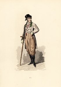 Homem de casaco solto, colete, calças e botas.