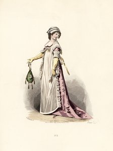 Mulher com vestido, avental e xaile de cor de pansy.