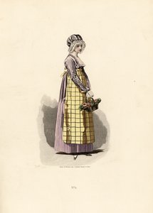 Mulher com um vestido de maricas com avental cor de palha.