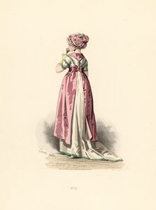 Mulher de vestido branco e corsage com guarnição verde, avental cor-de-rosa. de Francois Claudius (after) Compte Calix