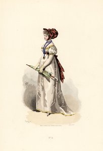 Mulher com vestido branco, com debrum cor de palha e cinto com granada. de Francois Claudius (after) Compte Calix
