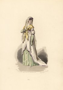 Mulher em vestido de túnica branca aparada com veludo lilás.