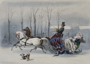 O trenó, de Journal les Modes Parisiennes, impresso em Paris (gravura a cores) de Francois Claudius after Compte Calix