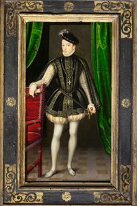 Retrato de Carlos IX (1550-1574), segundo filho de Henrique II e Catarina de Medicis, rei de França na morte de seu irmão em François II (1544-1560), casado em 1570 Isabel da Áustria (1554-1592), Sua Regra é marcada pelas guerras da religião e da de François Clouet