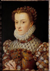 Retrato de Elisabeth da Áustria (1554-1592) Rainha de França, esposa de Charles IX Pintura de François Clouet (1515-1572) cerca de 1571 Sun. 0,36x0,26 m - Retrato de Elisabeth da Áustria (1554-1592), Rainha de França, esposa de Carlos IX. Pintura de Franço de François Clouet