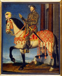 Retrato de François I a cavalo por François Clouet (c. 1510 - 1572). Musee des Uffizi, Florença - Retrato equestre de Francisco I da França (óleo sobre painel)