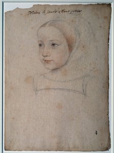 Retrato de Marguerite de France (1523-1574) criança, filha de François I, Duquesa de Sabóia Desenho com pedra preta, sangue realçado com aguarela por François Clouet (1515-1572) Chantilly do século XVI, Musee Conde de François Clouet