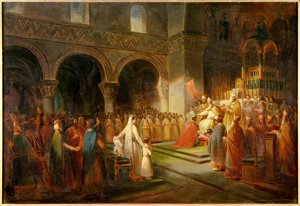 Sagrado Pepin the Brief pelo Papa Estêvão II na Abadia de Saint Denis em 28 de Julho de 754. Pintura de Dubois François (1790-1871). 1837, 0,62 x 0,91 m. Versalhes, Chateaux de Versailles et de Trianon - Sacre de Pepin the Short pelo Papa Estêvão II na Aba